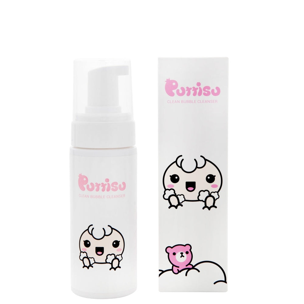 Puttisu Clean Bubble Facial Cleanser bottle and matching box, white with pink logo, 150 ml