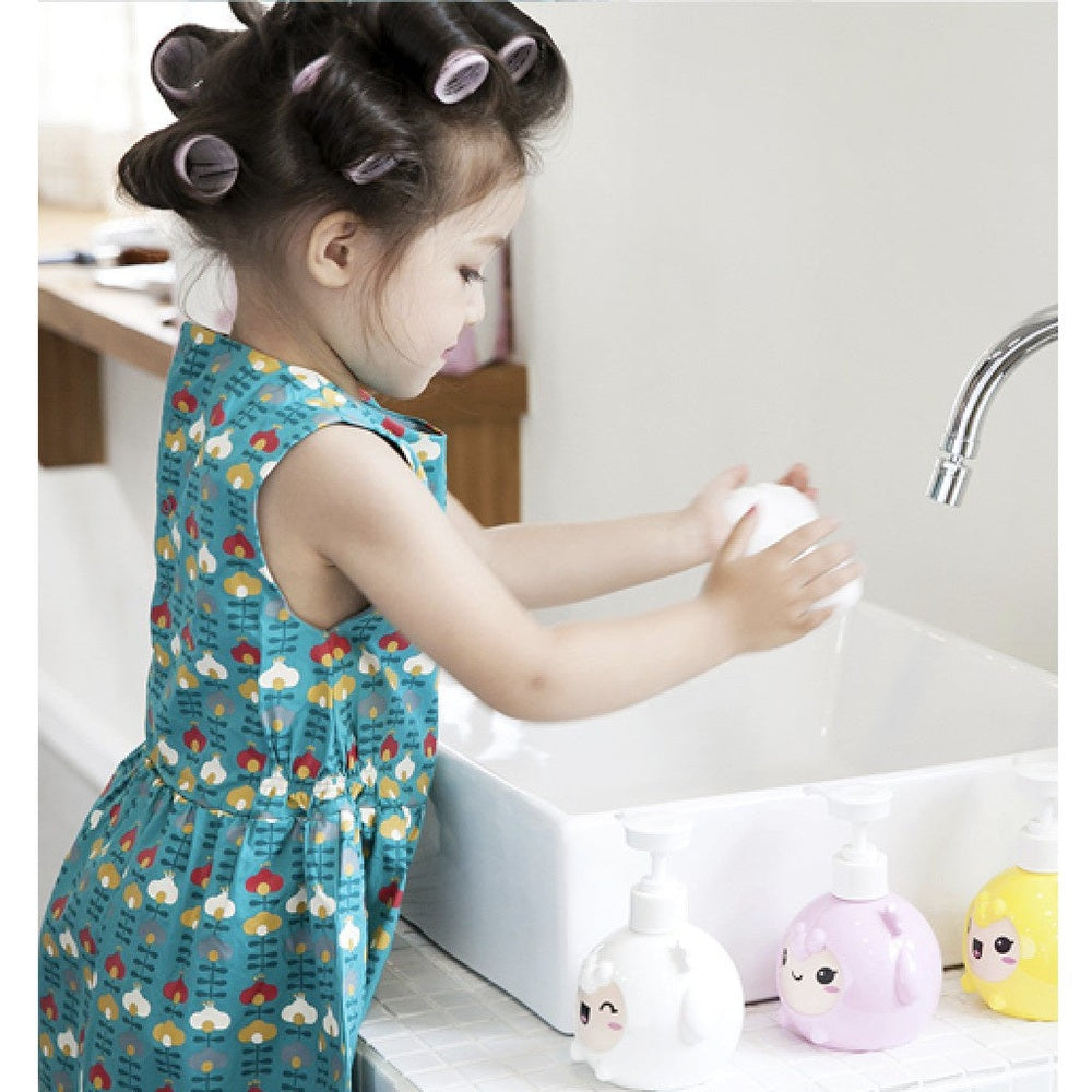 PUTTISU Clean Bubble Facial Cleanser 150 ml shown in a bathroom with cartoon-pump bottles
