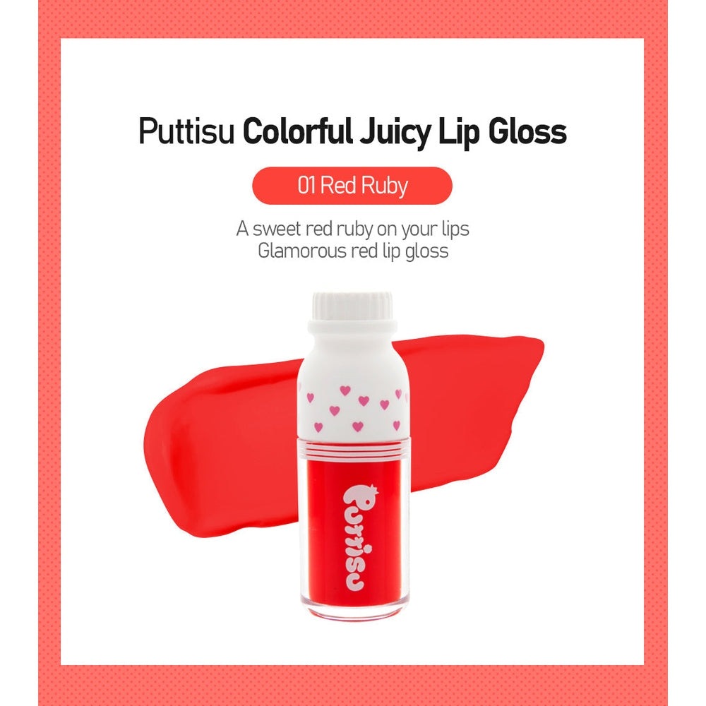 Puttisu Juicy Lip Gloss 01 Red Ruby, red glossy lip color in a white-cap bottle with pink hearts