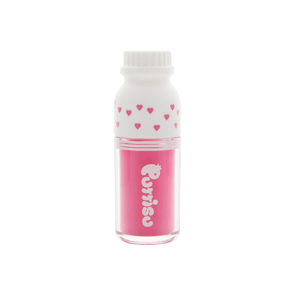Puttisu Juicy Lip Gloss #02 Pink Bubblegum in pink bottle with a white cap and heart pattern