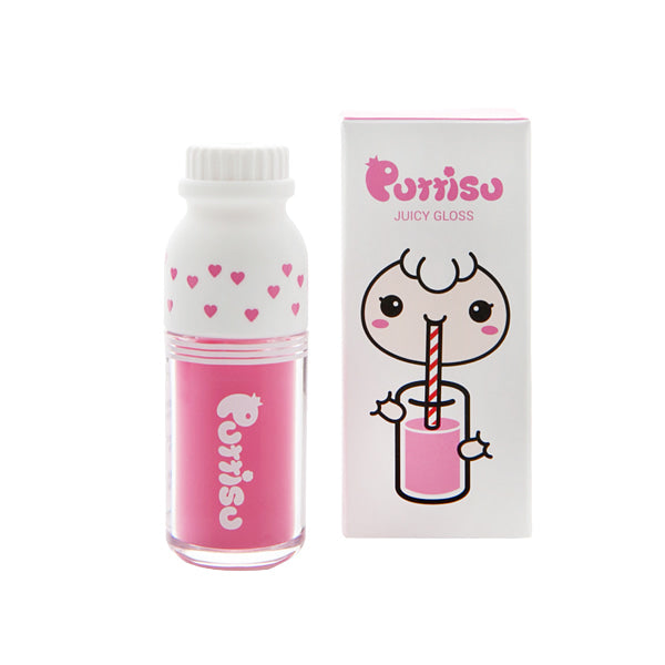 Puttisu Juicy Lip Gloss #02 Pink Bubblegum set: pink bottle with white cap and heart pattern beside the cartoon box.