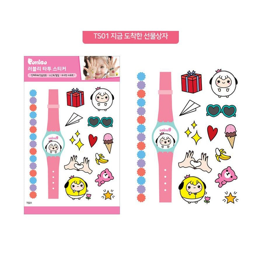 Puttisu Lovely Tattoo Sticker TS01 gift box set; pink wristwatch motif with colorful cute icons for nail art.