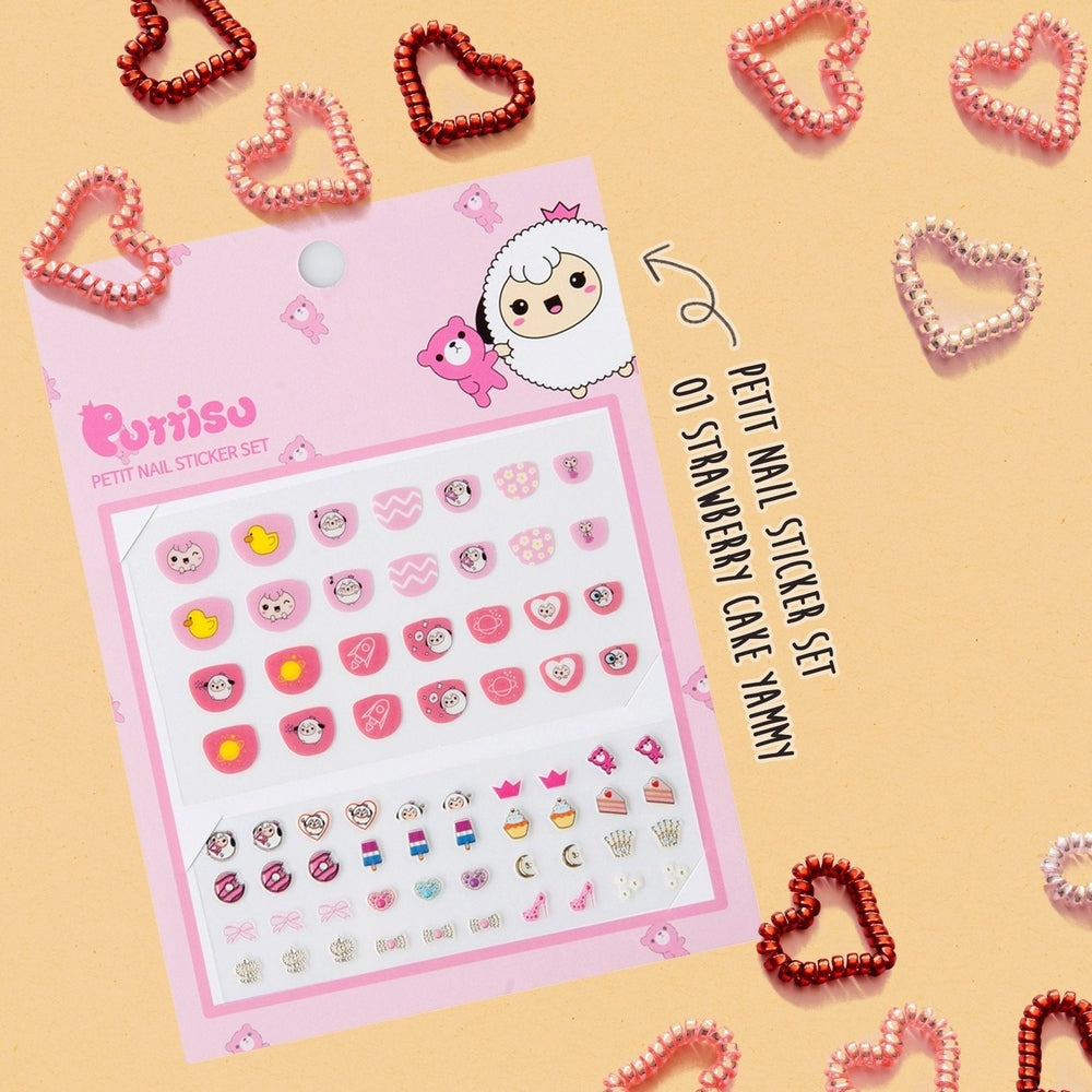 PUTTISU Nail Sticker Set 01 Strawberry Cake Yammy, pink packaging with cartoon sheep and pink decals