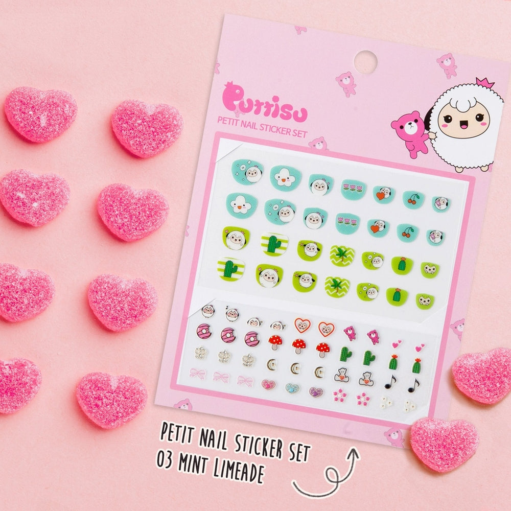 Puttisu Nail Sticker Set 03 Mint Lime Ade – mint-green fruit and cute face decals sheet with pink packaging