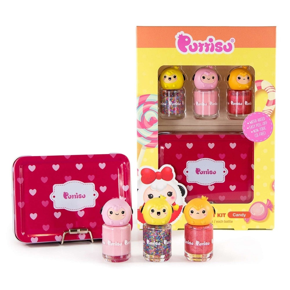 Puttisu Pangpang Nail Art Kit Candy featuring three glitter pink nail polishes in a heart-patterned tin by PUTTISU