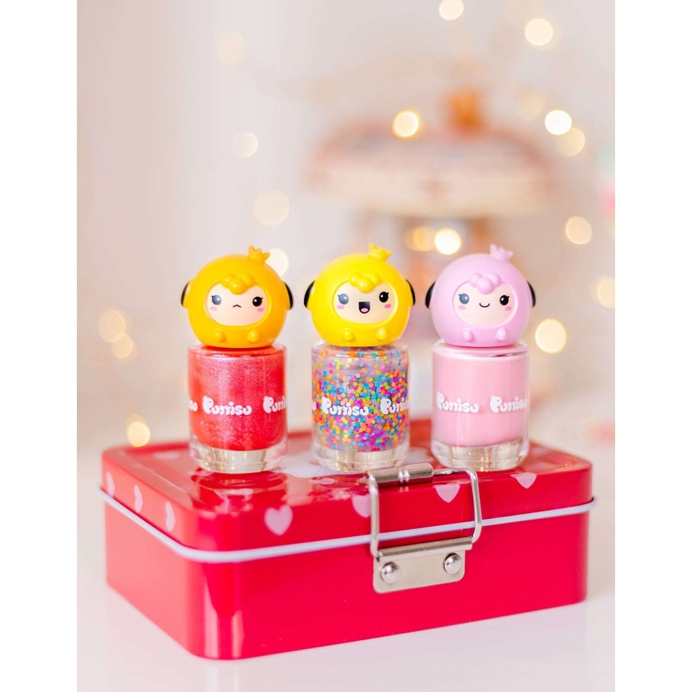 Puttisu Pangpang nail polish set with 3 colorful bottles and cute yellow character caps