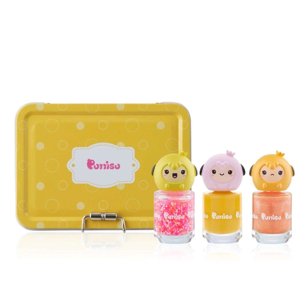 Puttisu Pangpang Nail Art Kit Custard Pie with 3 glitter polishes and cute character caps in a yellow polka-dot tin