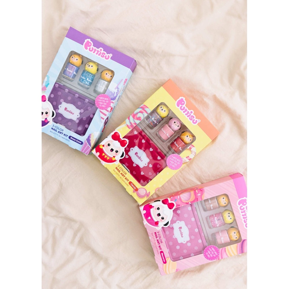 PUTTISU Pangpang Nail Art Kit Macaron trio with pastel nail polishes in purple, yellow and pink boxes