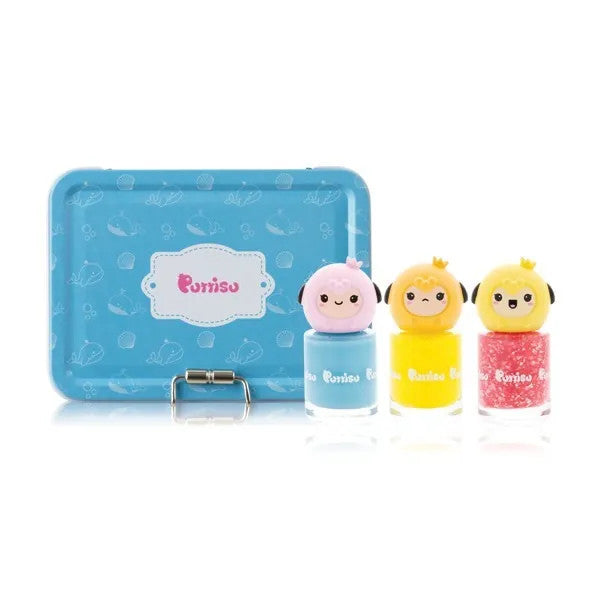 PUTTISU Pangpang Nail Art Kit Ocean Blue with three pastel polishes and blue storage tray