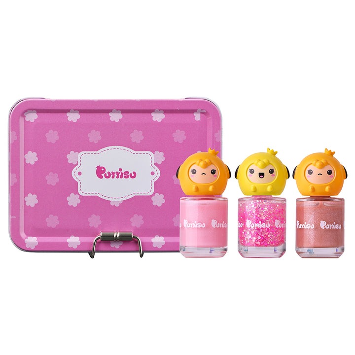 Puttisu Pangpang Nail Art Kit Pink Snow; three pink polishes with yellow caps sold in a purple floral storage tin.