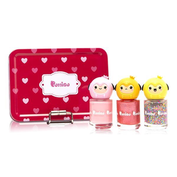 PUTTISU Pangpang nail art kit with red heart tin and three kid-friendly polishes (pink, red glitter, confetti)