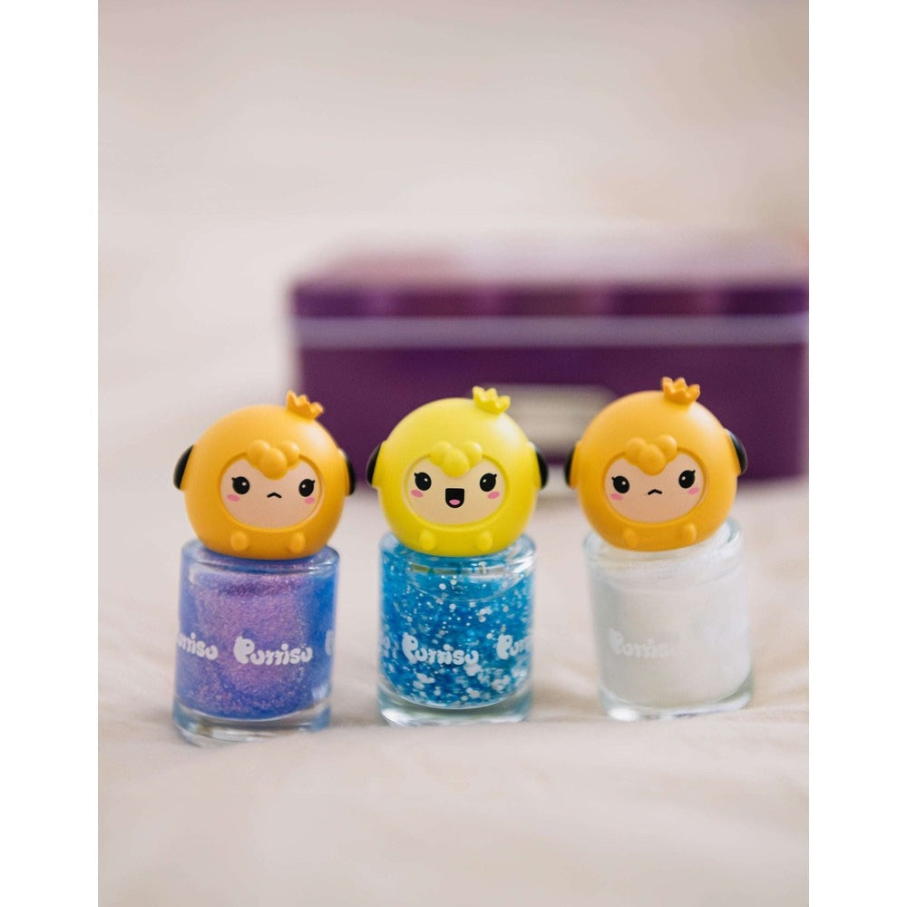 Puttisu Pangpang Nail Art Kit Snow Cone: trio of glitter nail polishes in purple, blue and white with yellow toppers