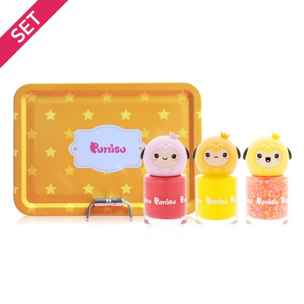 Puttisu Pangpang Nail Art Kit Yellow Star; 3 colorful polishes with smiley toppers