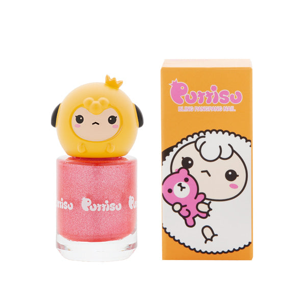 PUTTISU Pangpang Nail Polish Bling Twinkle Pink bottle with glittery polish and yellow panda cap, boxed set.