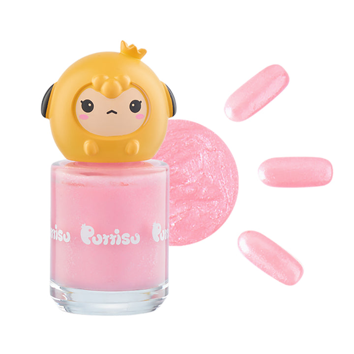 PUTTISU Pangpang Nail Polish Bling in milky pink with a yellow cute character cap