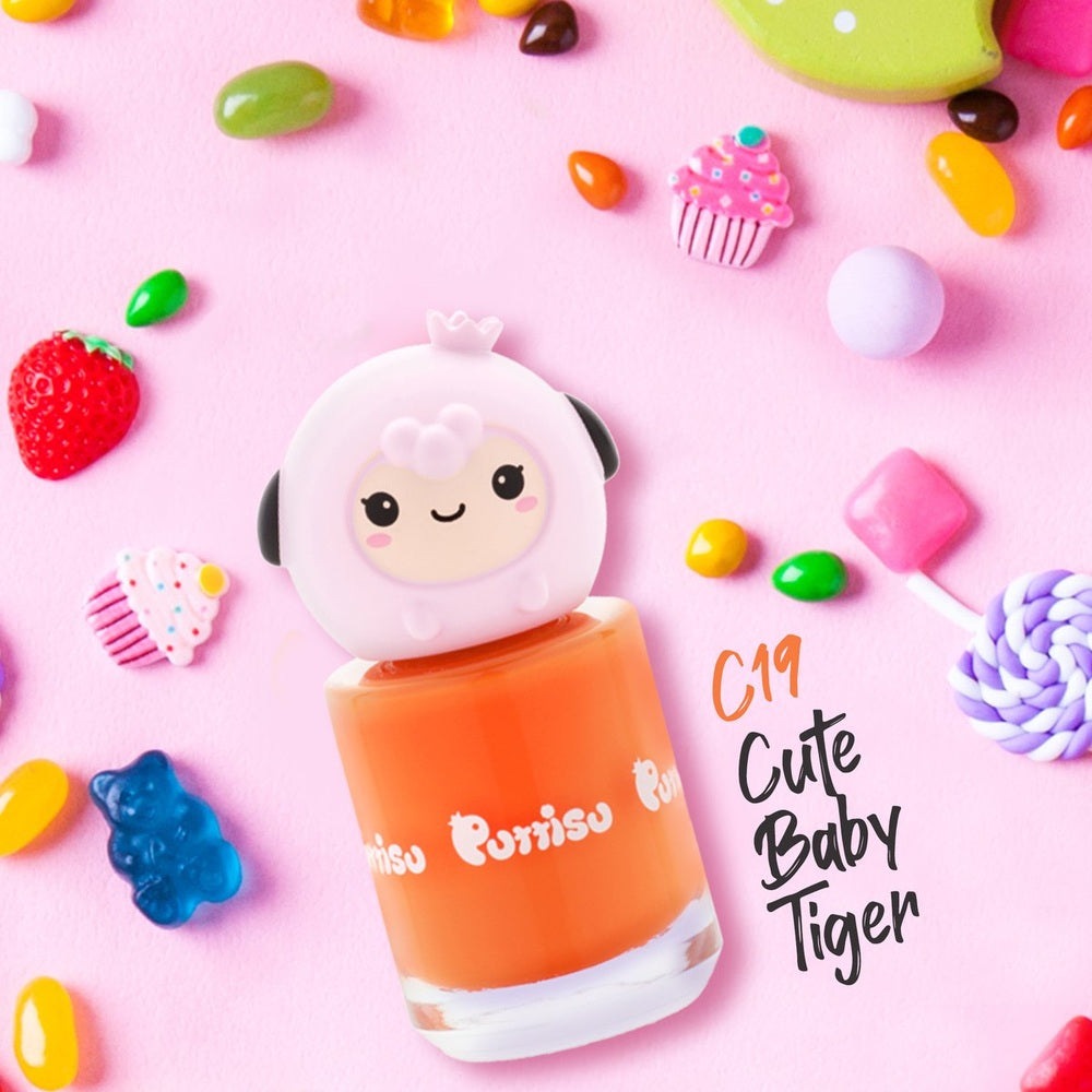 Puttisu Pangpang Nail Polish C19 orange with cute baby tiger cap topper for playful manicure