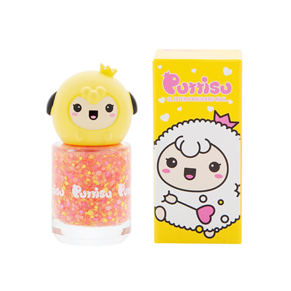 Puttisu Pangpang nail polish glitter G01 Red Spot bottle with yellow panda cap and yellow box