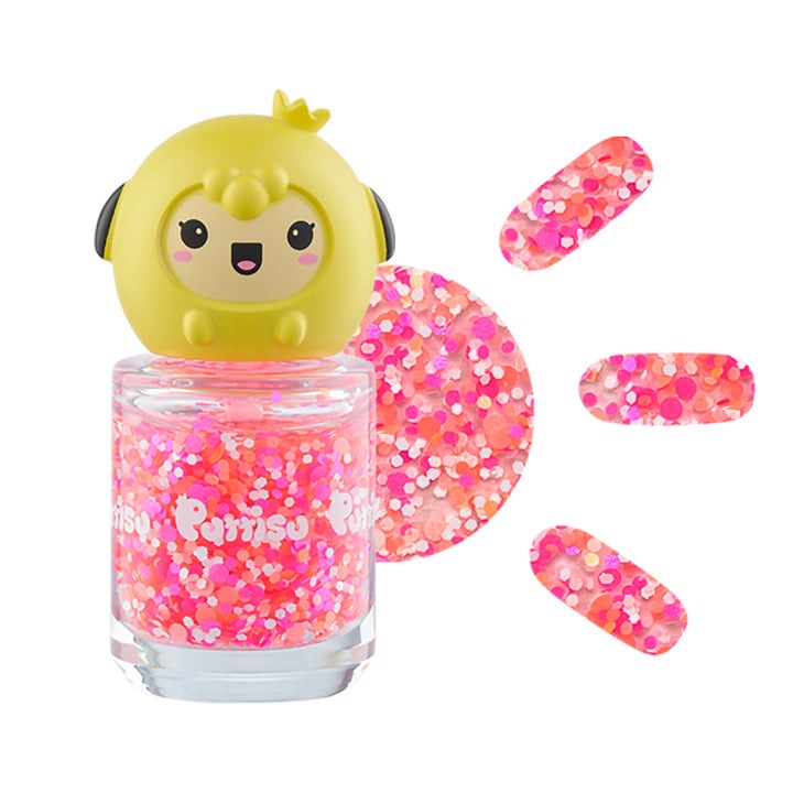Puttisu Pangpang nail polish glitter Pink Festival bottle with yellow panda cap and pink glitter