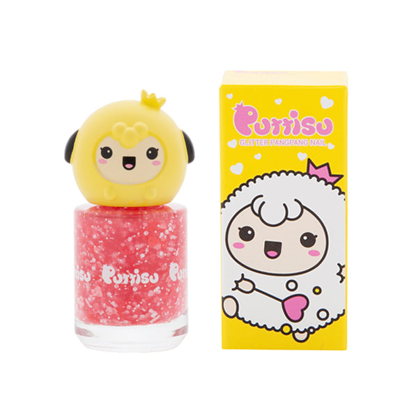 Puttisu Pangpang nail polish G02 pink glitter bottle with yellow cartoon character cap