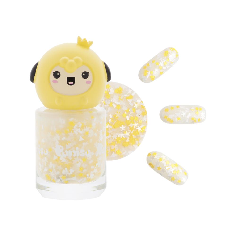 Puttisu Pangpang nail polish glitter G04 Spring Picnic with clear bottle of yellow star confetti and yellow character cap.