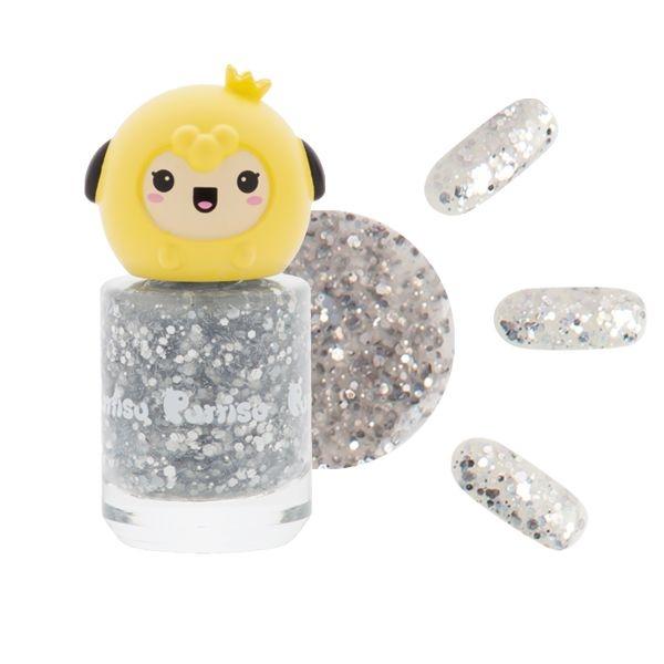 PUTTISU Pangpang Glitter Nail Polish G09 Dance Time with yellow penguin topper and silver glitter polish