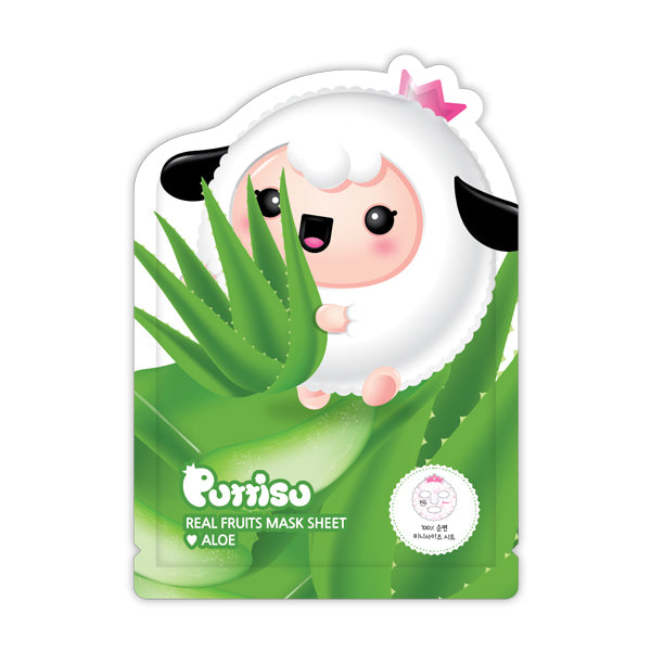Puttisu Real Fruits Mask Sheet Aloe; cute sheep mascot on bright green aloe leaf background