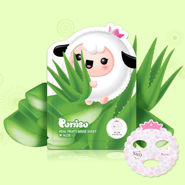 Puttisu Real Fruit Mask Sheet Aloe by PUTTISU, cute sheep illustration on green aloe leaf packaging