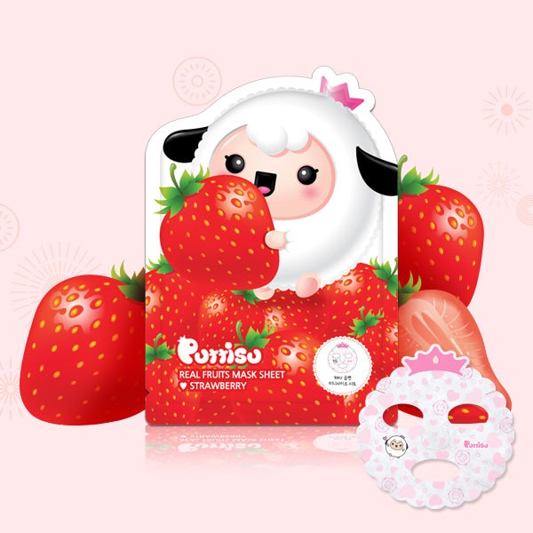 Puttisu Real Fruit Mask Sheet Strawberry facial mask with strawberry-themed packaging and cute character