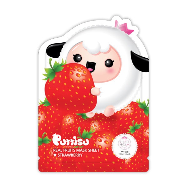 Puttisu Real Fruits Mask Sheet Strawberry by PUTTISU; white sheep mascot among ripe strawberries.