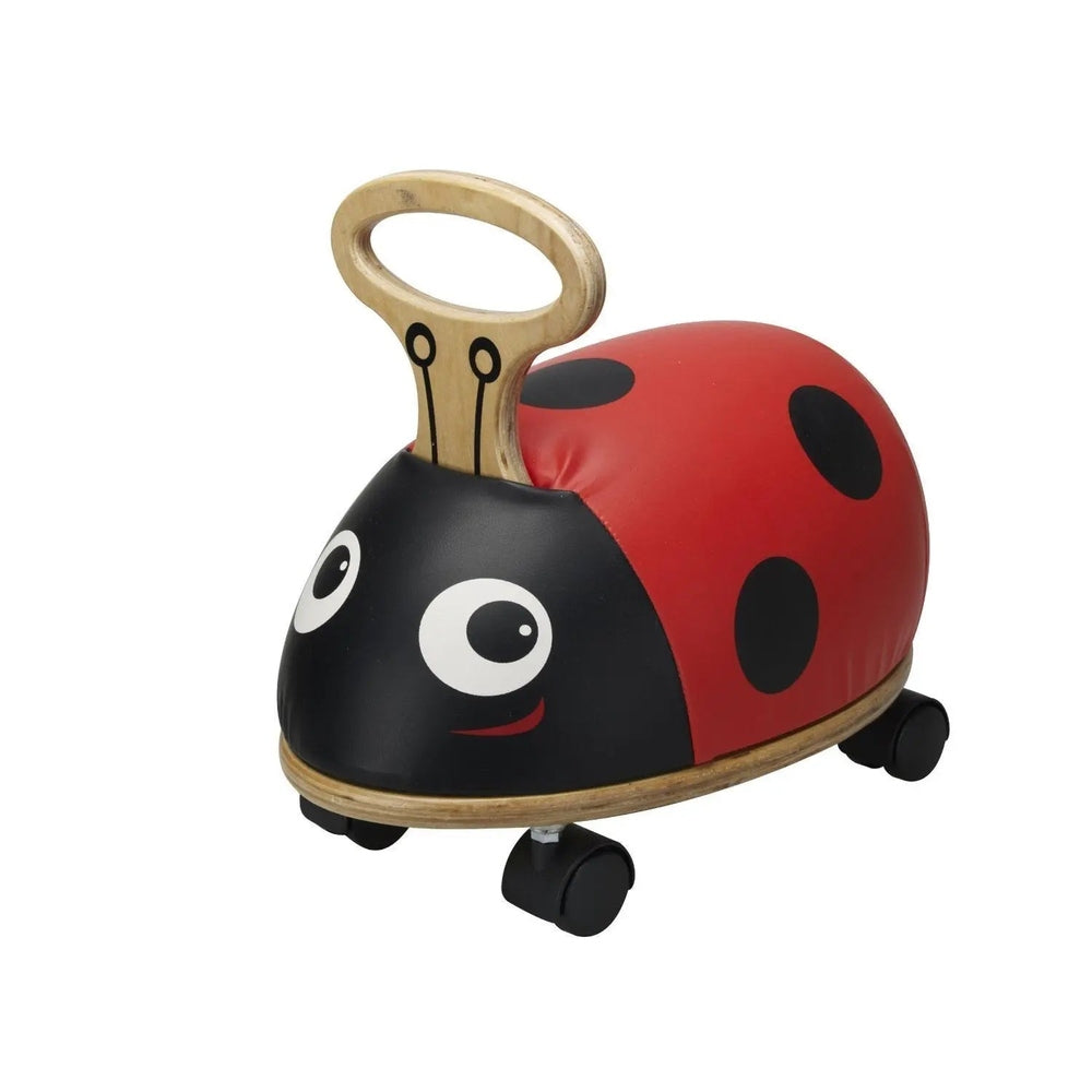 Qhouse Kids Skipper Small Roller ride-on toy: red ladybug shell with black spots, wooden handle, four wheels.