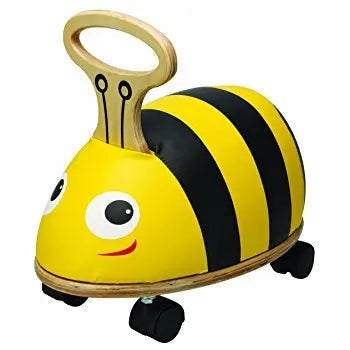 Qhouse Kids Skipper Small Roller bee ride-on toy; yellow body with black stripes, sturdy wheels, raised steering handle.