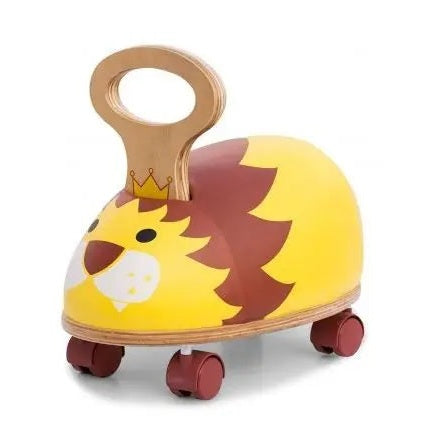 Qhouse Kids Skipper Small Roller wooden toddler ride-on featuring yellow lion graphic and red wheels.