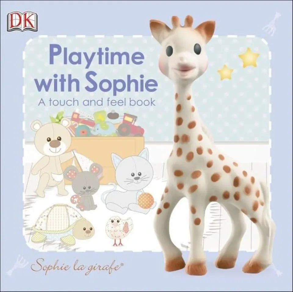 Qhouse Kids Sophie La Girafe Book shows a soft giraffe figure beside cheerful animal illustrations in a playful nursery scene.