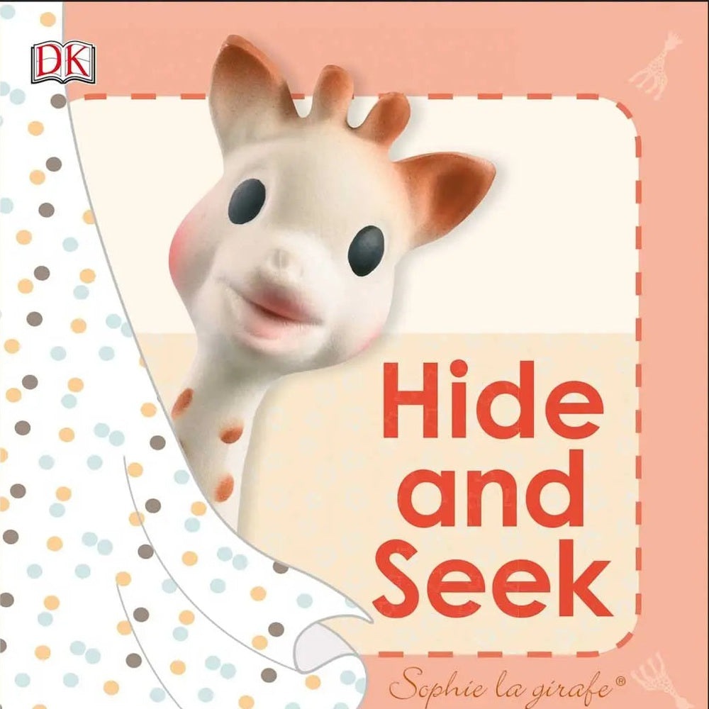 QHOUSE KIDS Sophie La Girafe Hide and Seek book, peach cover with Sophie giraffe peeking beside the DK logo.