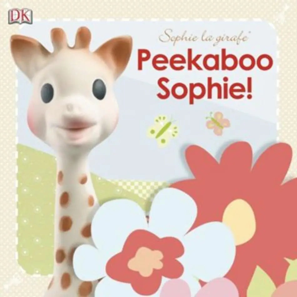 Qhouse Kids Sophie La Girafe Book in pastel cover, featuring a smiling giraffe illustration amid bold flowers