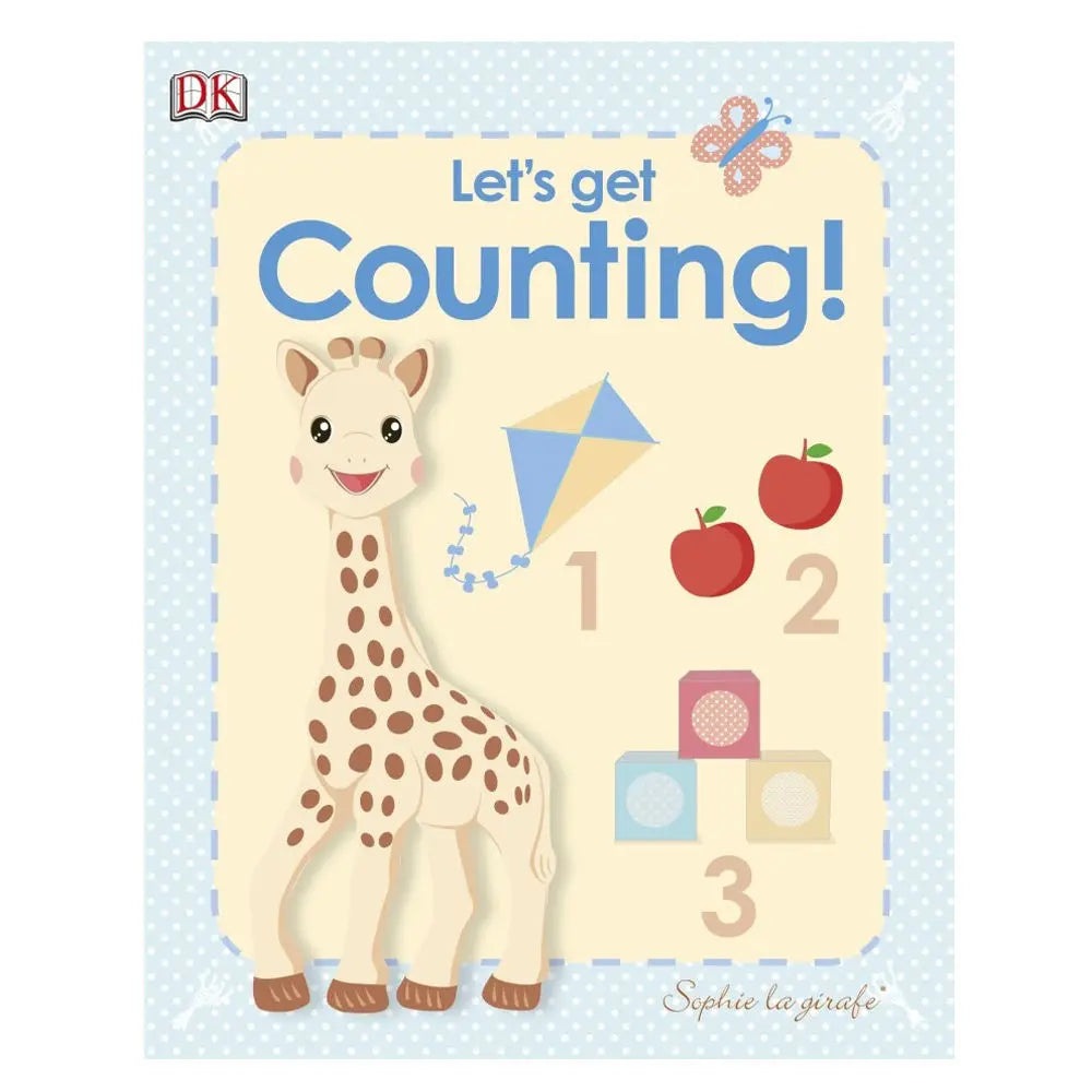 Qhouse Kids Sophie La Girafe Book featuring a friendly giraffe counting 1–3 with apples, blocks, and a kite.