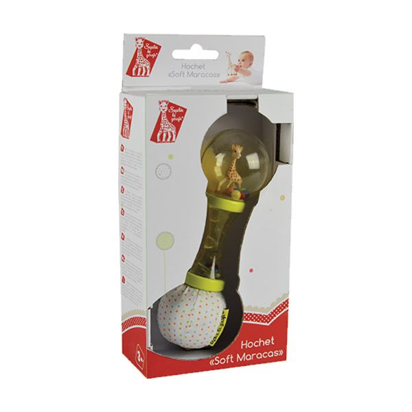 Qhouse Kids Sophie La Girafe Soft Maracas in yellow-green with a giraffe inside a globe, shown in packaging.