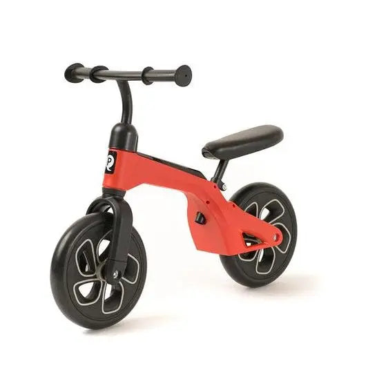 Qplay Balance Bike for kids; red frame, black handlebars and wheels, shown ready to ride.