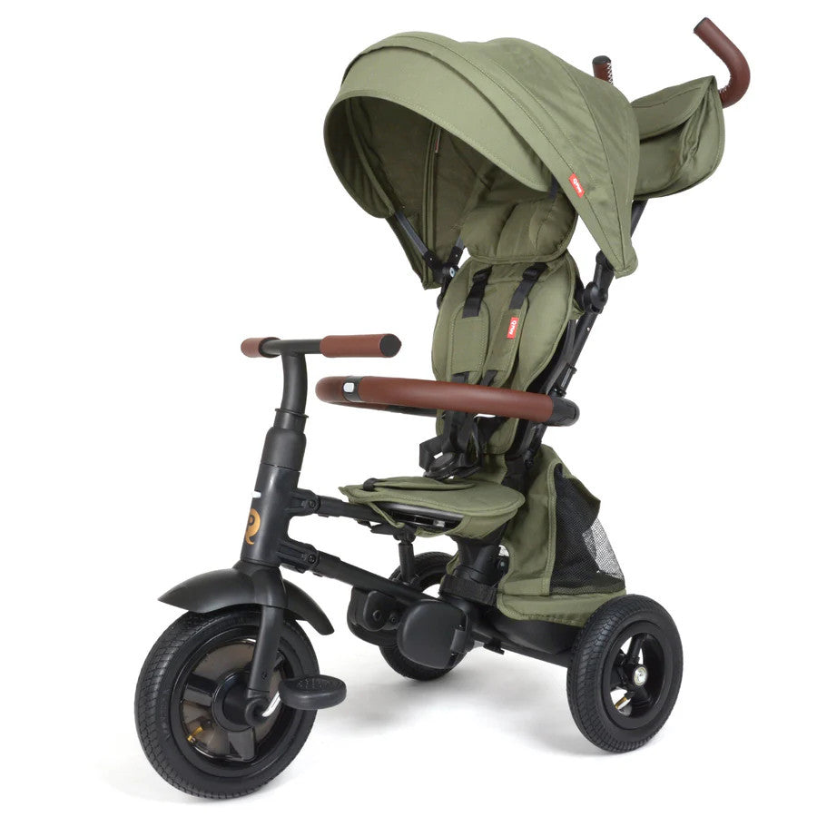 QPLAY Rito Plus Folding Trike in olive green with canopy and brown grips, showing stable three-wheel ride.