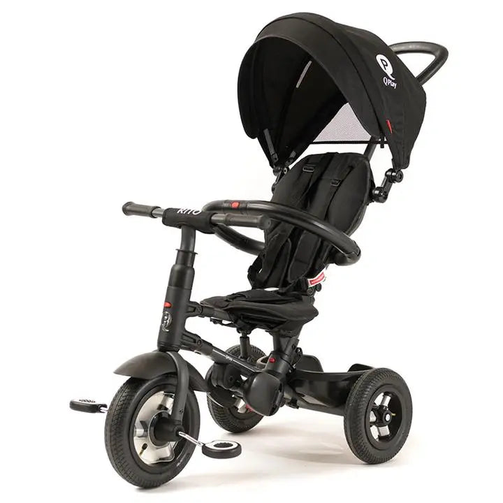 Qplay Rito Plus Ultimate Folding Trike with black frame and canopy, three wheels, push