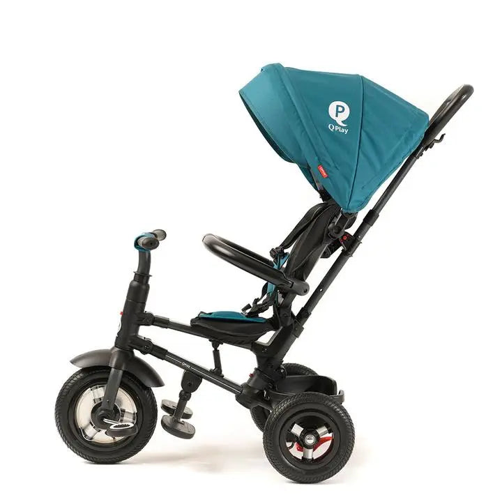 Qplay Rito Plus Ultimate Folding Trike with teal canopy, three wheels and an extended push handle for easy maneuvering.