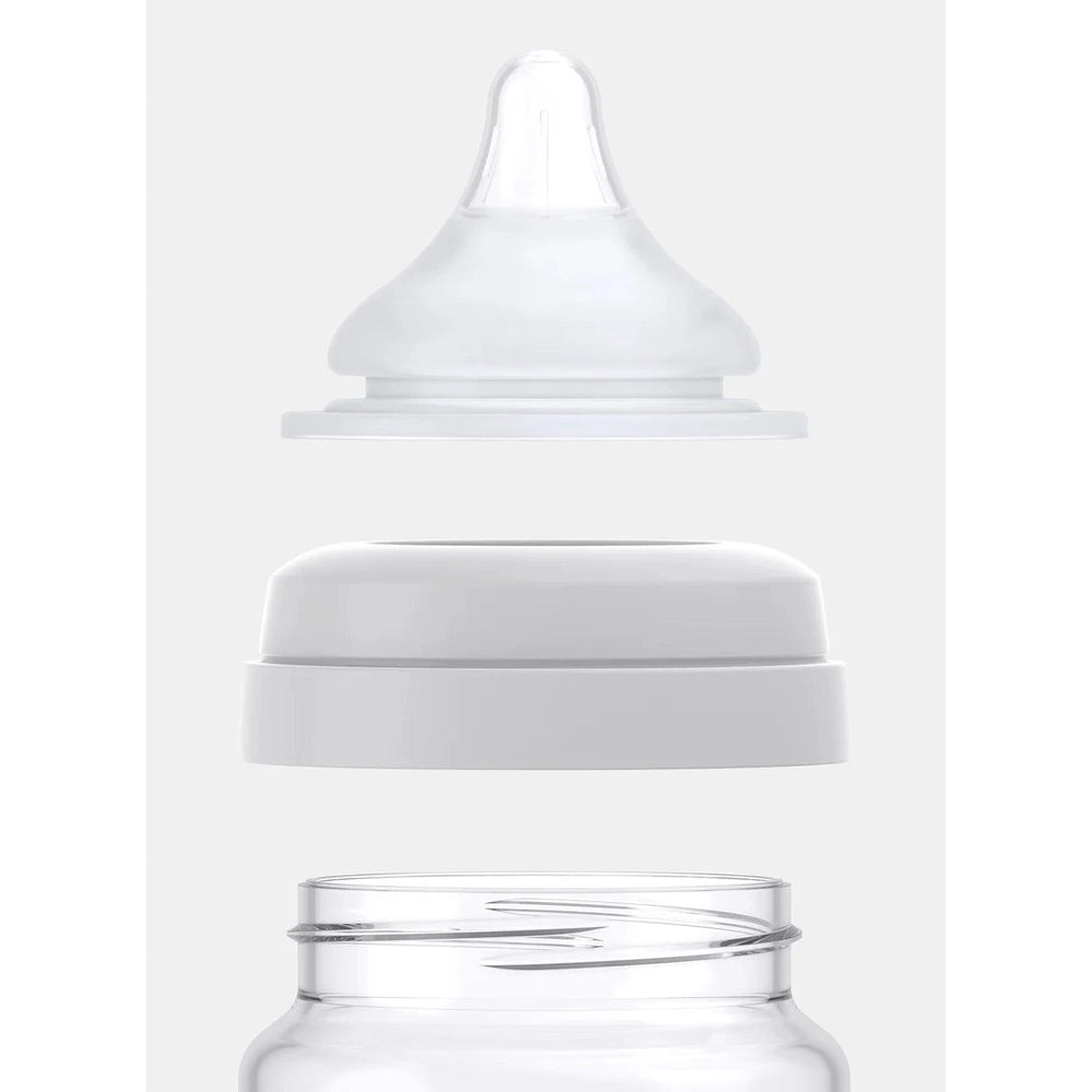 Quark Buubibottle Mini Hybrid Feeding Bottle 2-pack: clear bottle, white nipple, and cap shown separated for easy assembly