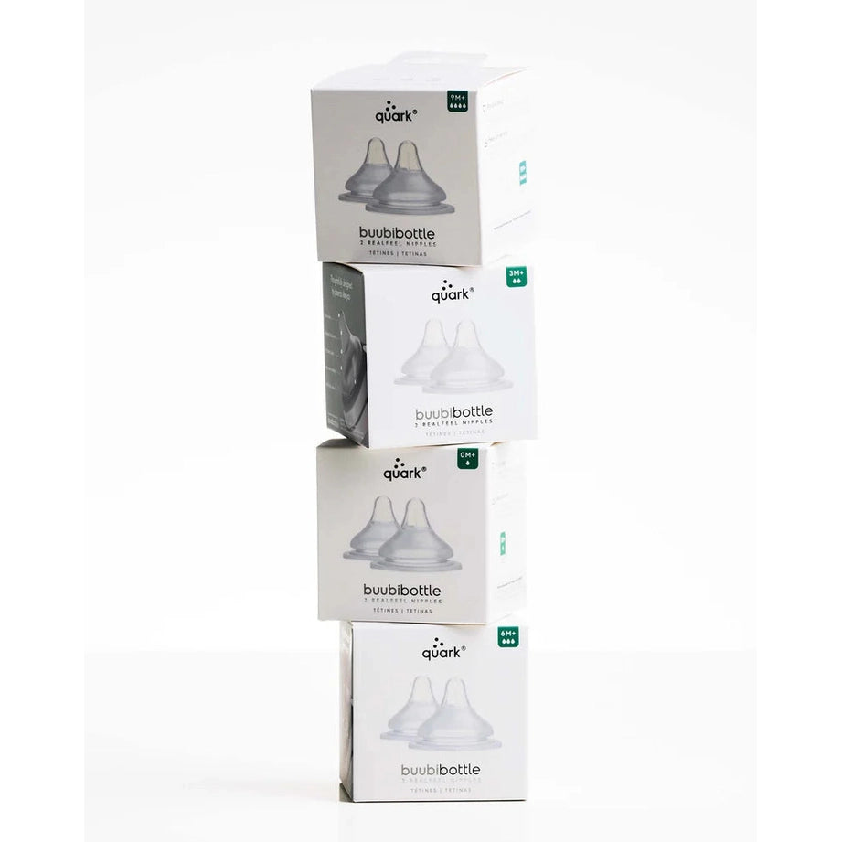 Quark Buubibottle Realfeel Bottle Nipples, four-pack white boxes display soft silicone nipples for baby feeding