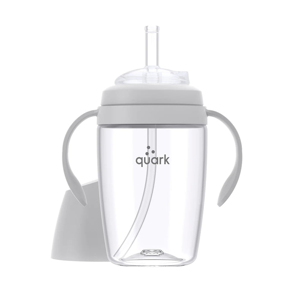 Quark Buubibottle Sip Toddler Sippy Cup With Straw; clear bottle with gray lid, dual handles, straw for easy sipping.