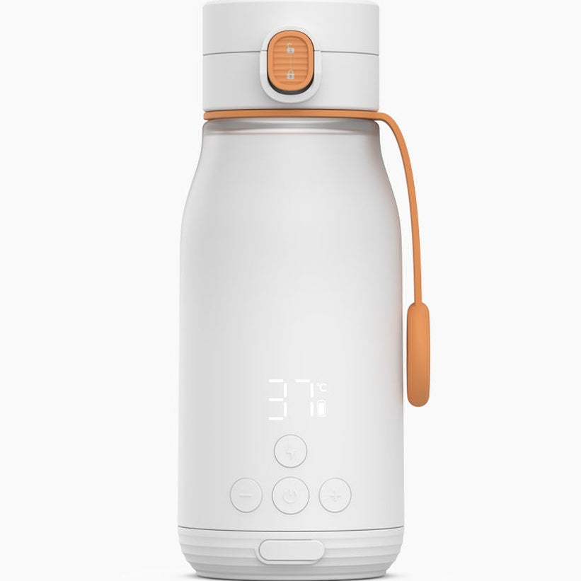 Quark Buubibottle smart portable milk warmer, white with orange latch and strap, 37°C display