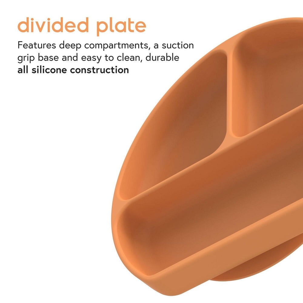 Quark Feedi silicone divided plate, orange, all-silicone construction, part of 5-piece baby feeding set