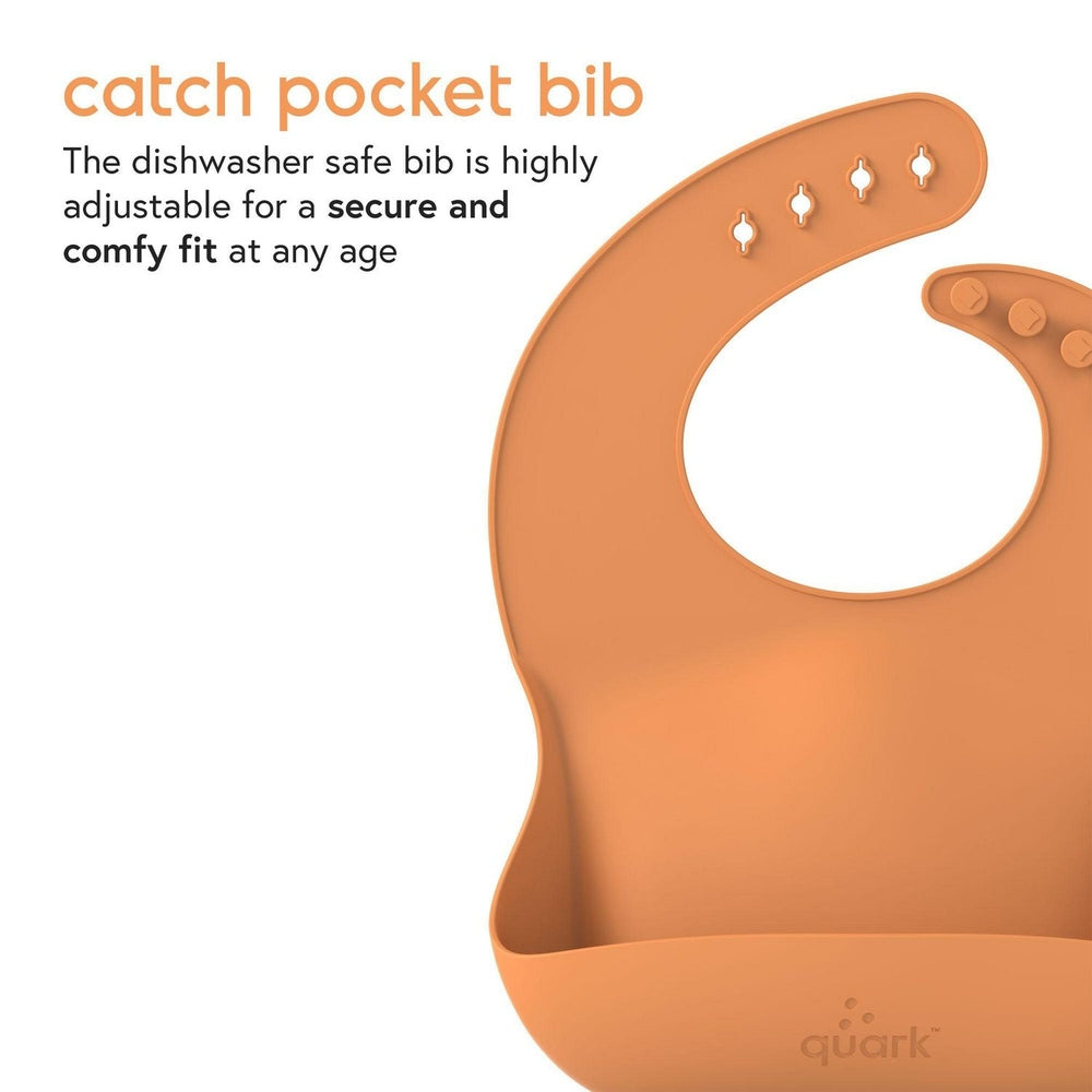 Quark Feedi silicone baby bib orange with adjustable neck snaps and catch pocket