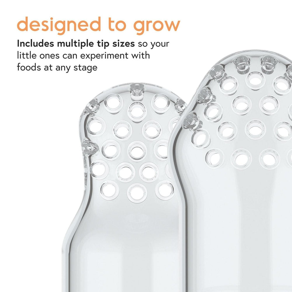 QUARK Fruuti baby fruit feeder pacifier, two clear silicone feeders with multiple round holes.