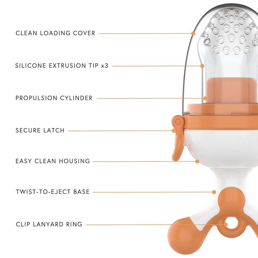 Quark Fruiti baby fruit feeder pacifier in orange and white with silicone tips and easy-clean housing