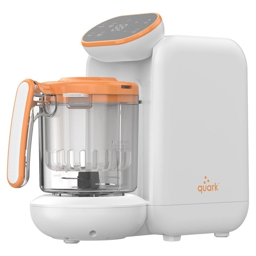 Quark Quook 5-in-1 baby food processor in white with orange accents
